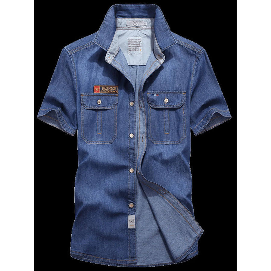 Men’s Full Size Casual Short Sleeve Denim Shirt Plus Size Denim Blue / S Apparel and Accessories
