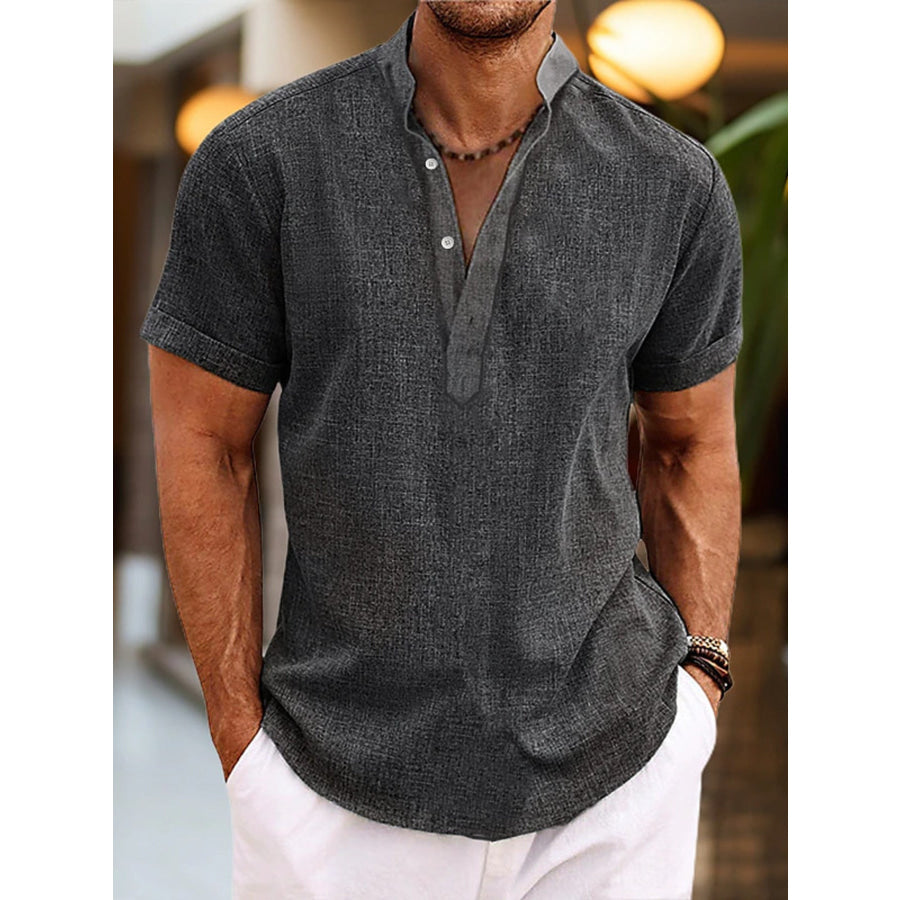 Men’s Full Size Casual Short Sleeve Henley Shirt Plus Size Black / S Apparel and Accessories