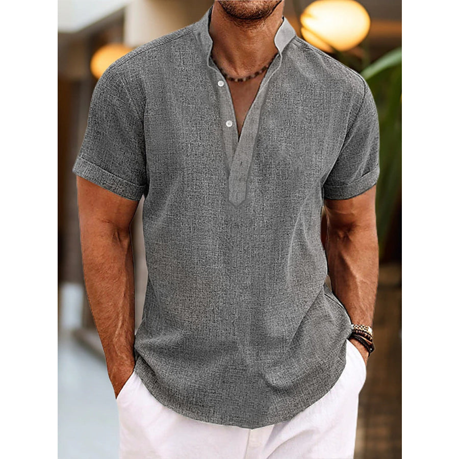Men’s Full Size Casual Short Sleeve Henley Shirt Plus Size Gray / S Apparel and Accessories