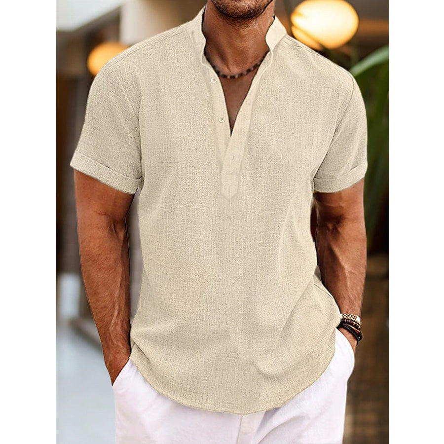Men’s Full Size Casual Short Sleeve Henley Shirt Plus Size Khaki / S Apparel and Accessories
