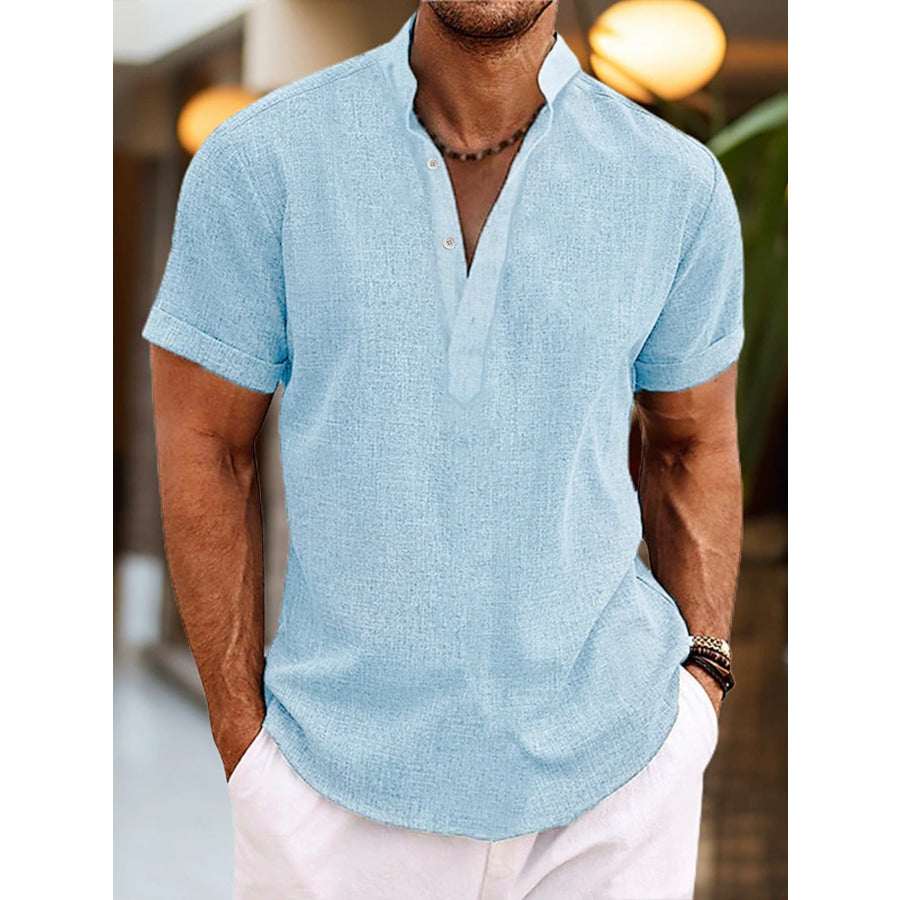 Men’s Full Size Casual Short Sleeve Henley Shirt Plus Size Light Blue / S Apparel and Accessories