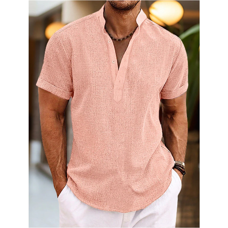 Men’s Full Size Casual Short Sleeve Henley Shirt Plus Size Pink / S Apparel and Accessories