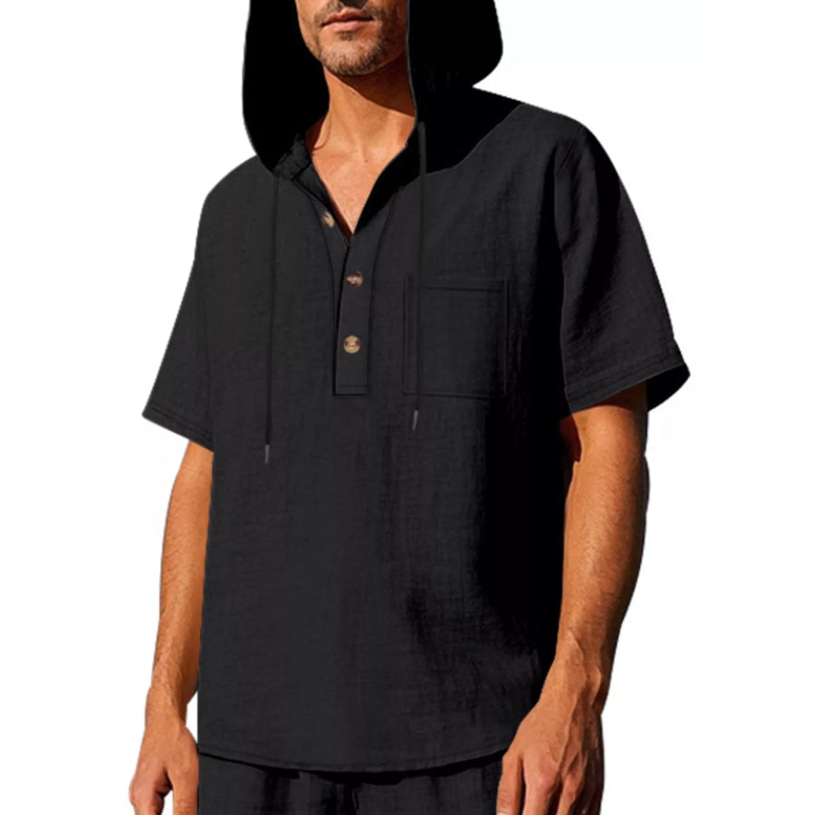 Men’s Full Size Casual Short Sleeve Hooded Shirt Plus Size Black / S Apparel and Accessories