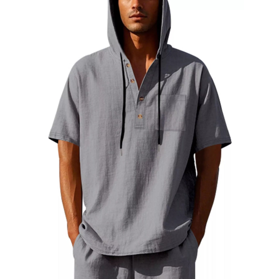 Men’s Full Size Casual Short Sleeve Hooded Shirt Plus Size Grey / S Apparel and Accessories