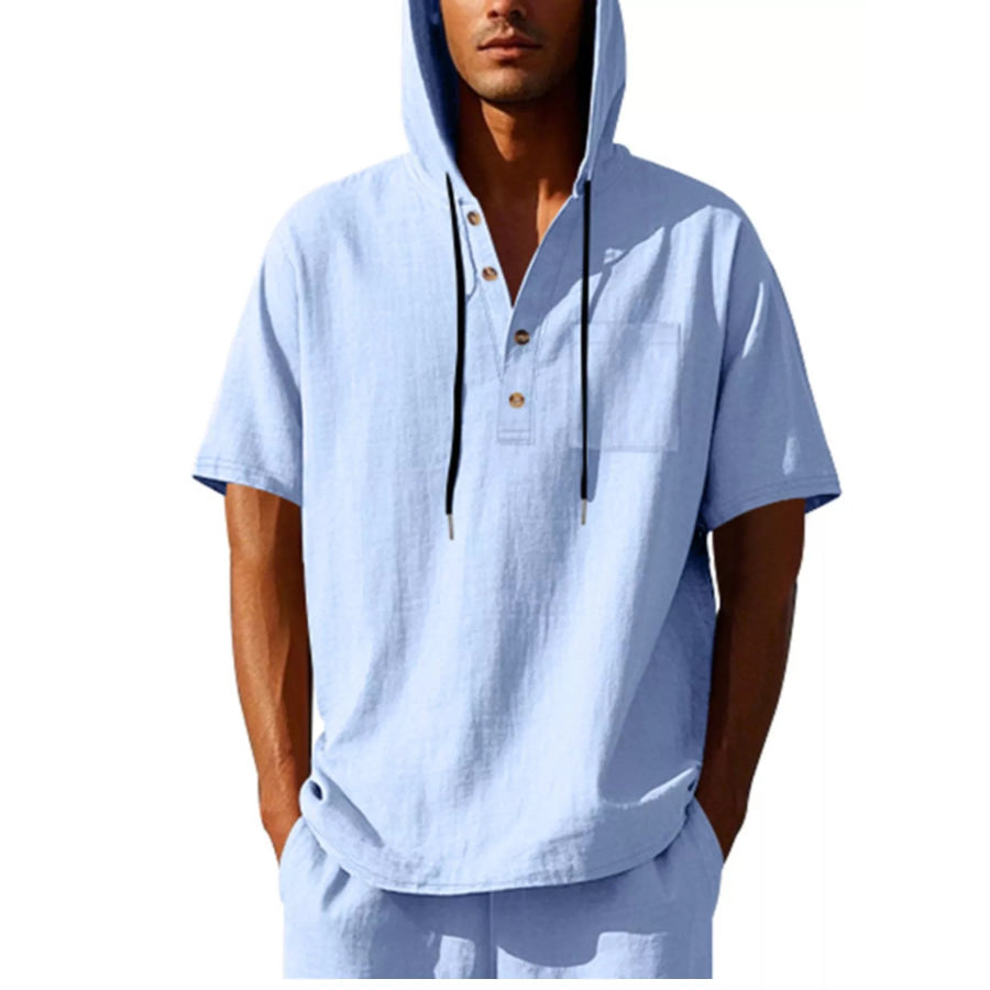 Men’s Full Size Casual Short Sleeve Hooded Shirt Plus Size Light Blue / S Apparel and Accessories