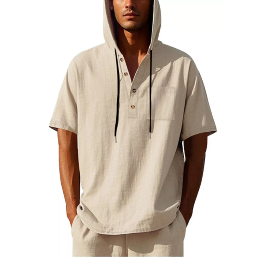 Men’s Full Size Casual Short Sleeve Hooded Shirt Plus Size Light Khaki / S Apparel and Accessories