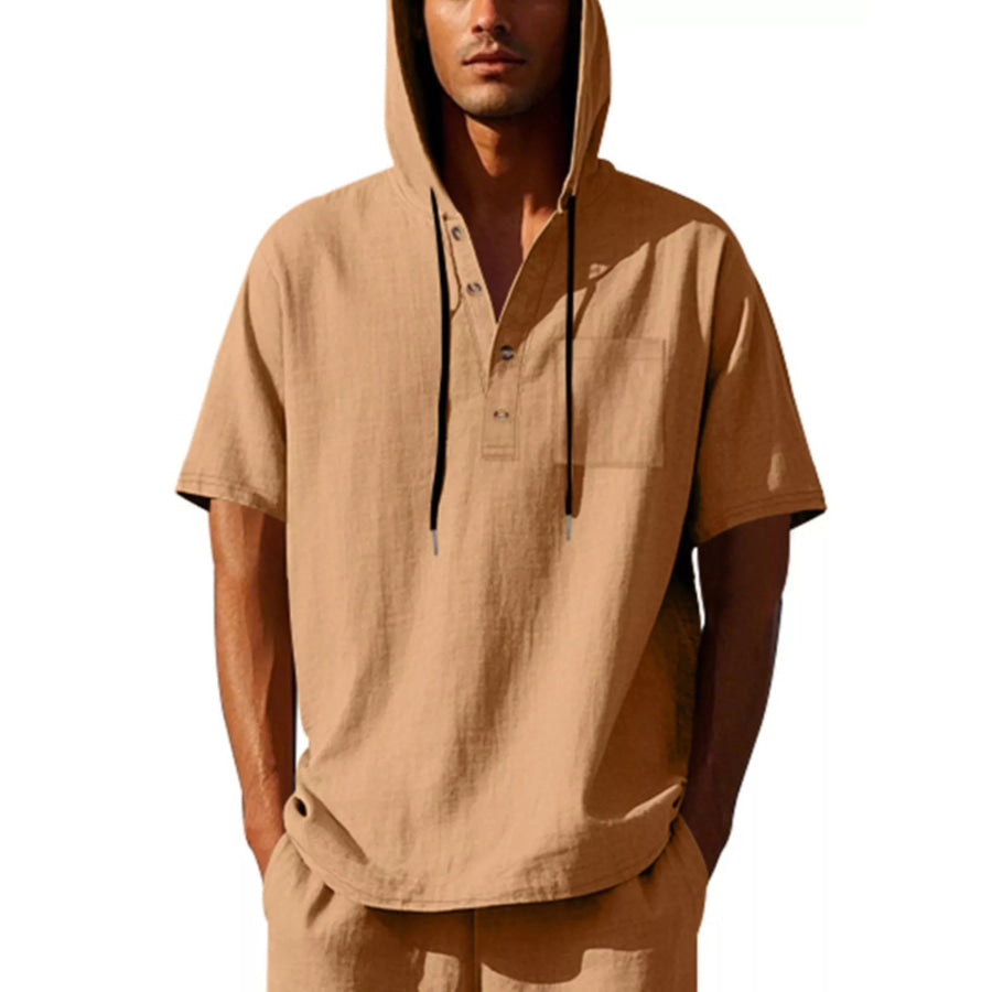 Men’s Full Size Casual Short Sleeve Hooded Shirt Plus Size Mustard / S Apparel and Accessories
