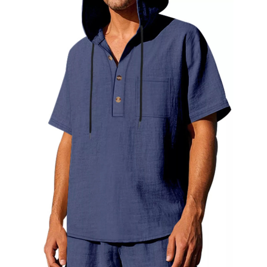 Men’s Full Size Casual Short Sleeve Hooded Shirt Plus Size Navy Blue / S Apparel and Accessories