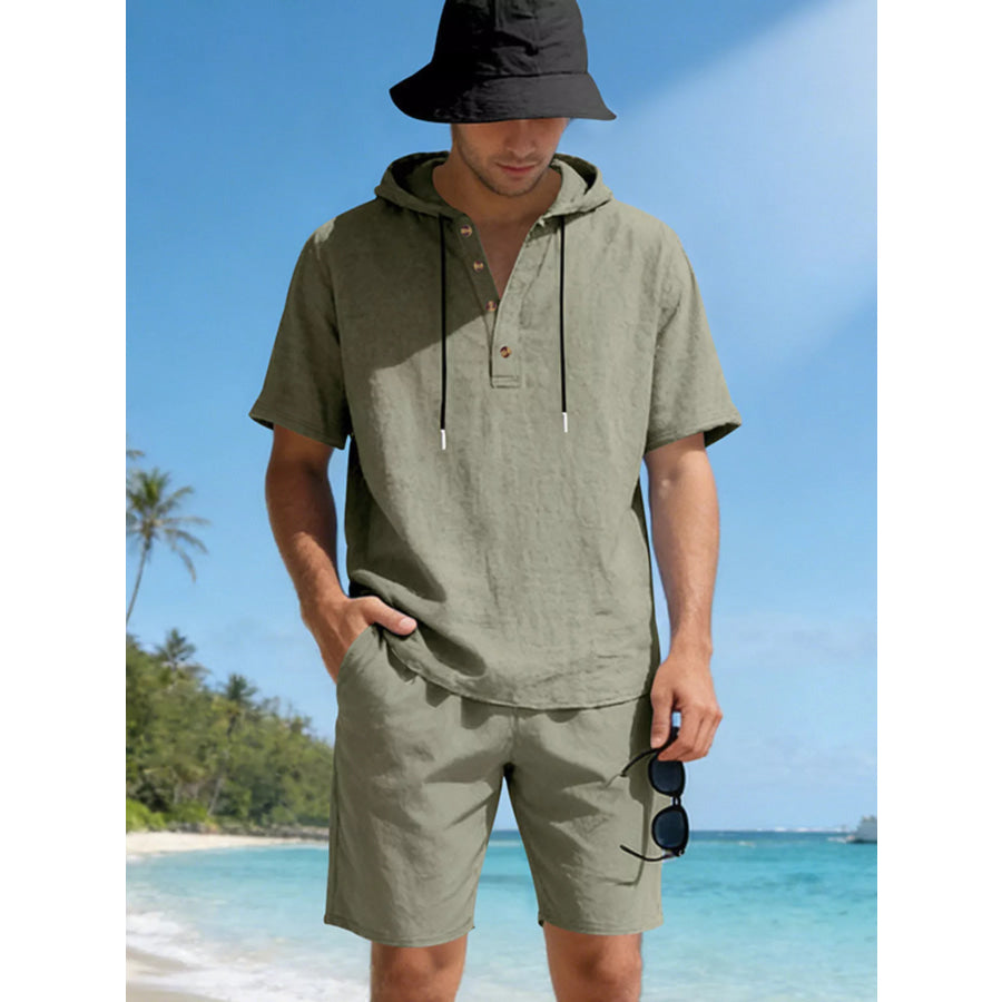 Men’s Full Size Casual Short Sleeve Hooded Top & Shorts Set Plus Size Army Green / S Apparel and Accessories