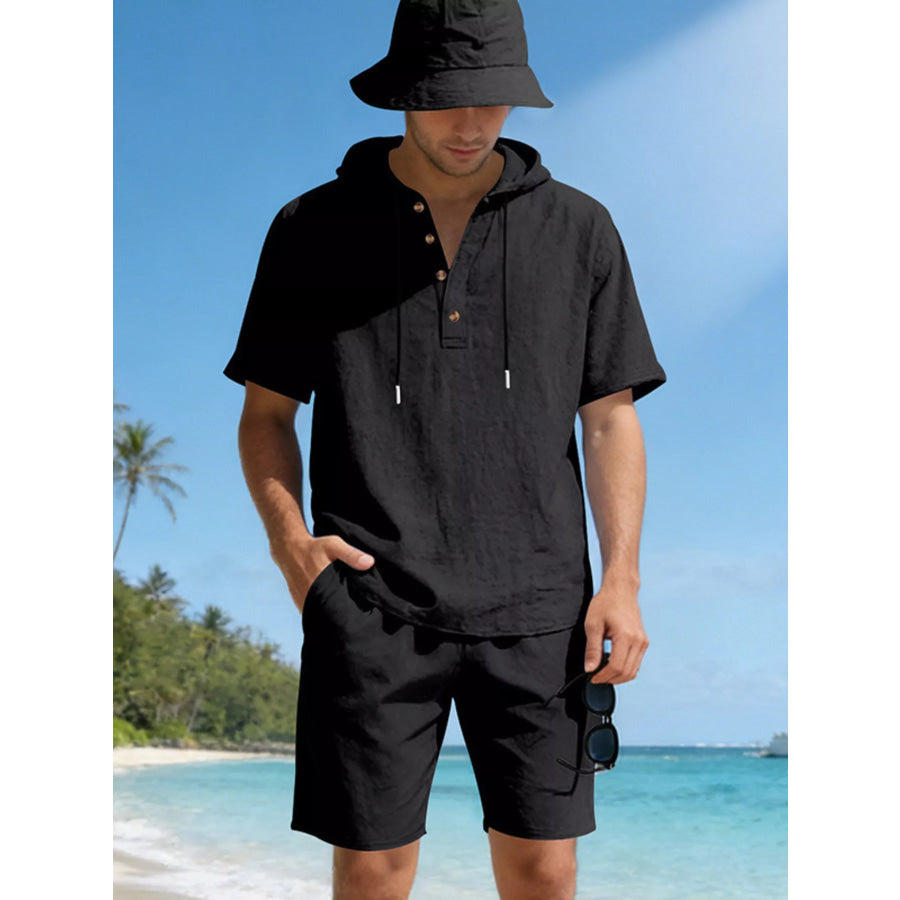 Men’s Full Size Casual Short Sleeve Hooded Top & Shorts Set Plus Size Black / S Apparel and Accessories