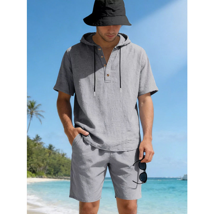 Men’s Full Size Casual Short Sleeve Hooded Top & Shorts Set Plus Size Gray / S Apparel and Accessories