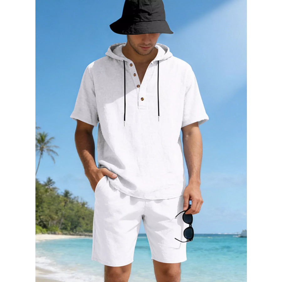 Men’s Full Size Casual Short Sleeve Hooded Top & Shorts Set Plus Size Gray/white / S Apparel and Accessories