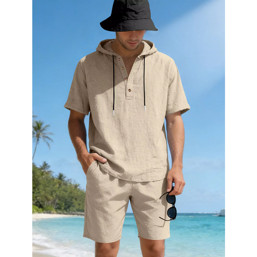 Men’s Full Size Casual Short Sleeve Hooded Top & Shorts Set Plus Size Khaki / S Apparel and Accessories