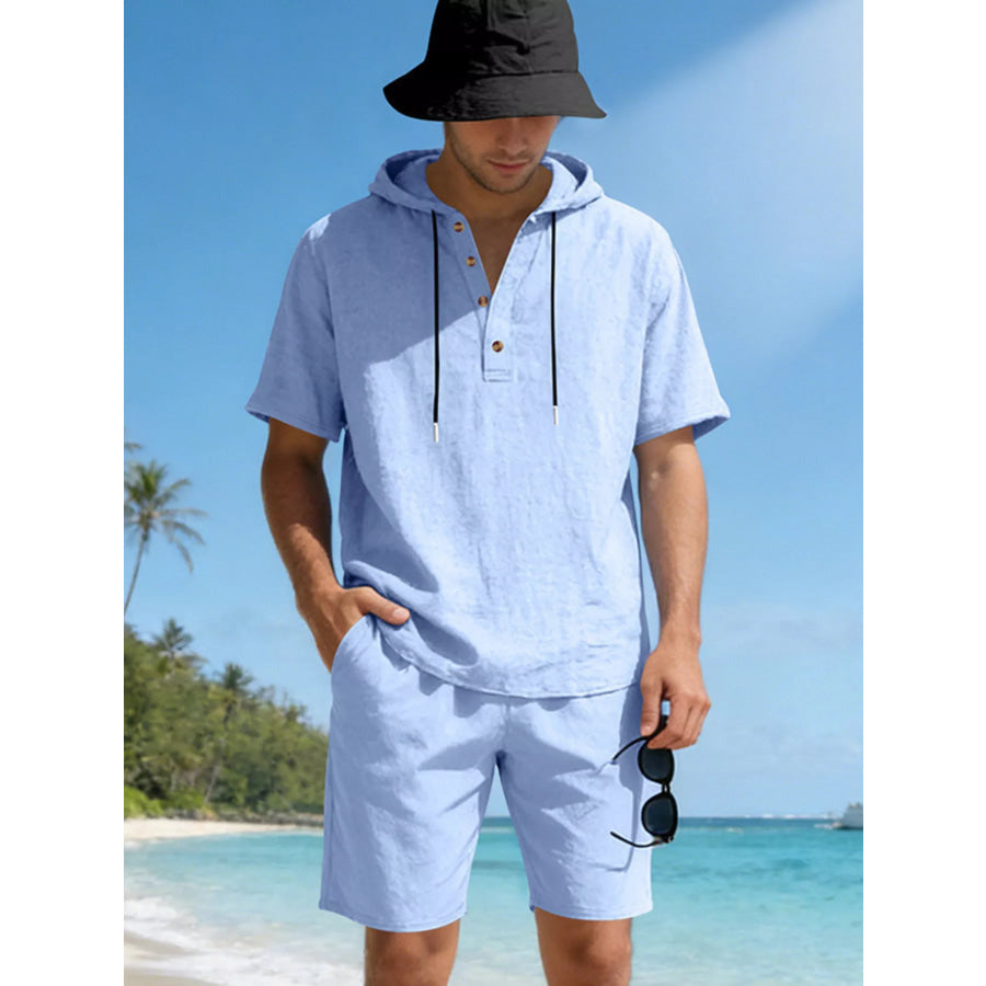 Men’s Full Size Casual Short Sleeve Hooded Top & Shorts Set Plus Size Light Blue / S Apparel and Accessories