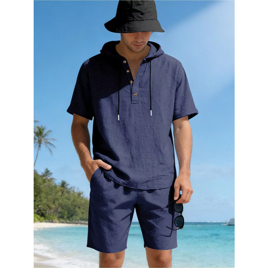 Men’s Full Size Casual Short Sleeve Hooded Top & Shorts Set Plus Size Navy / S Apparel and Accessories