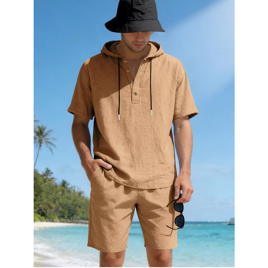 Men’s Full Size Casual Short Sleeve Hooded Top & Shorts Set Plus Size Ochre / S Apparel and Accessories