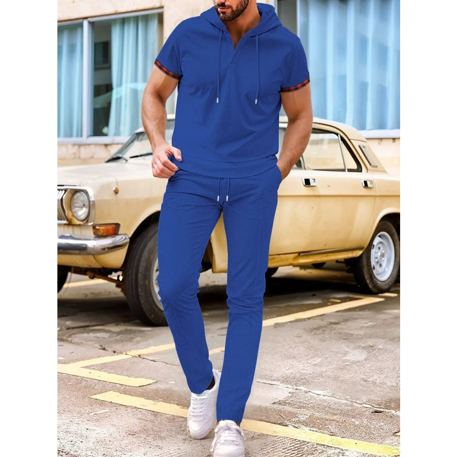 Men’s Full Size Casual Short-Sleeve Hoodie and Pants Set Plus Size Blue / S Apparel and Accessories