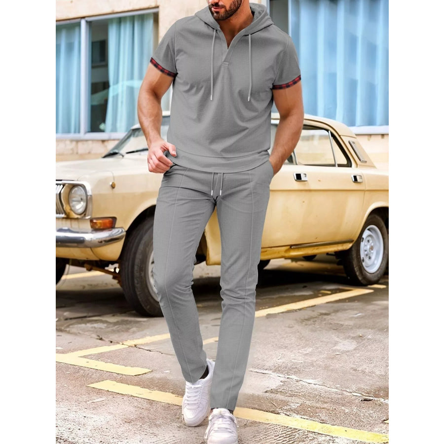 Men’s Full Size Casual Short-Sleeve Hoodie and Pants Set Plus Size Grey / S Apparel and Accessories