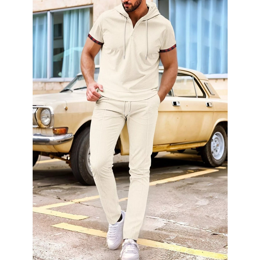 Men’s Full Size Casual Short-Sleeve Hoodie and Pants Set Plus Size Khaki / S Apparel and Accessories