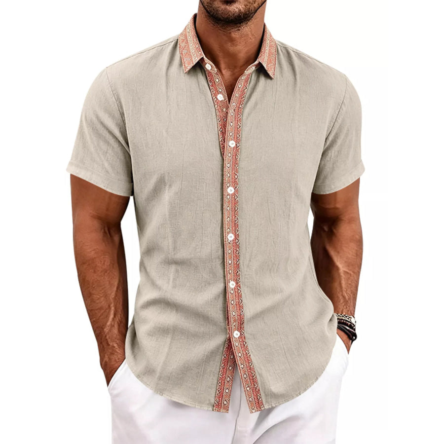 Men’s Full Size Casual Short Sleeve Linen Shirt Plus Size Khaki / S Apparel and Accessories