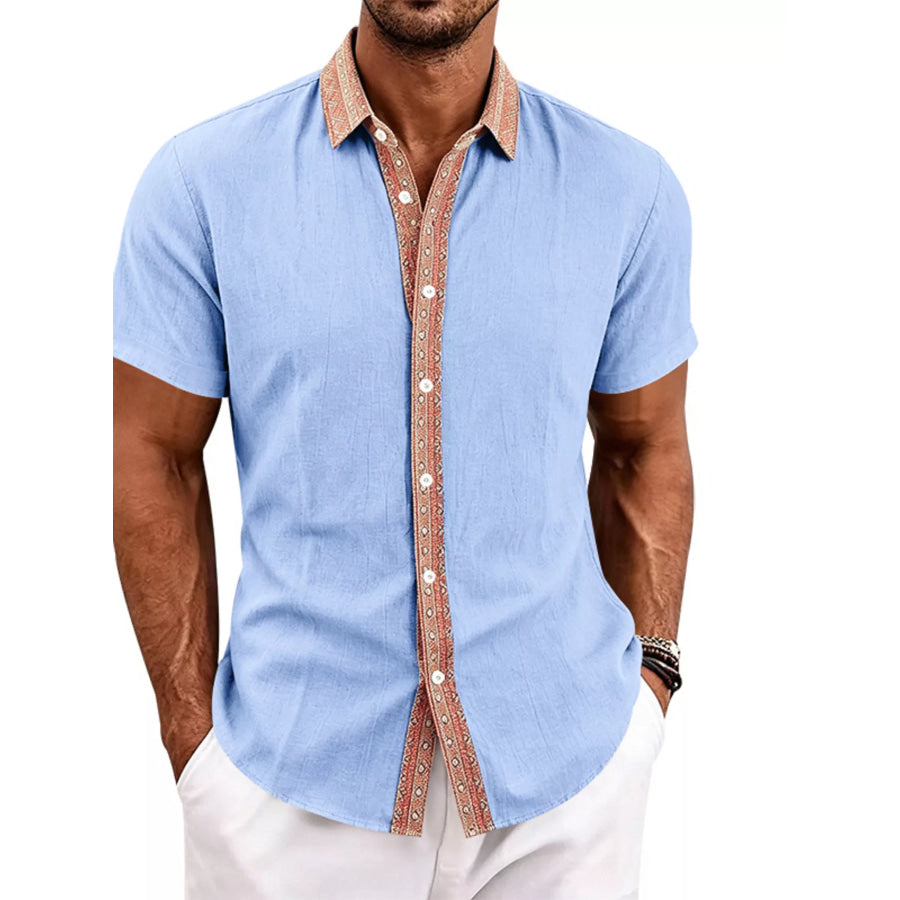 Men’s Full Size Casual Short Sleeve Linen Shirt Plus Size Light Blue / S Apparel and Accessories
