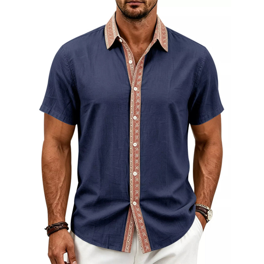 Men’s Full Size Casual Short Sleeve Linen Shirt Plus Size Navy Blue / S Apparel and Accessories