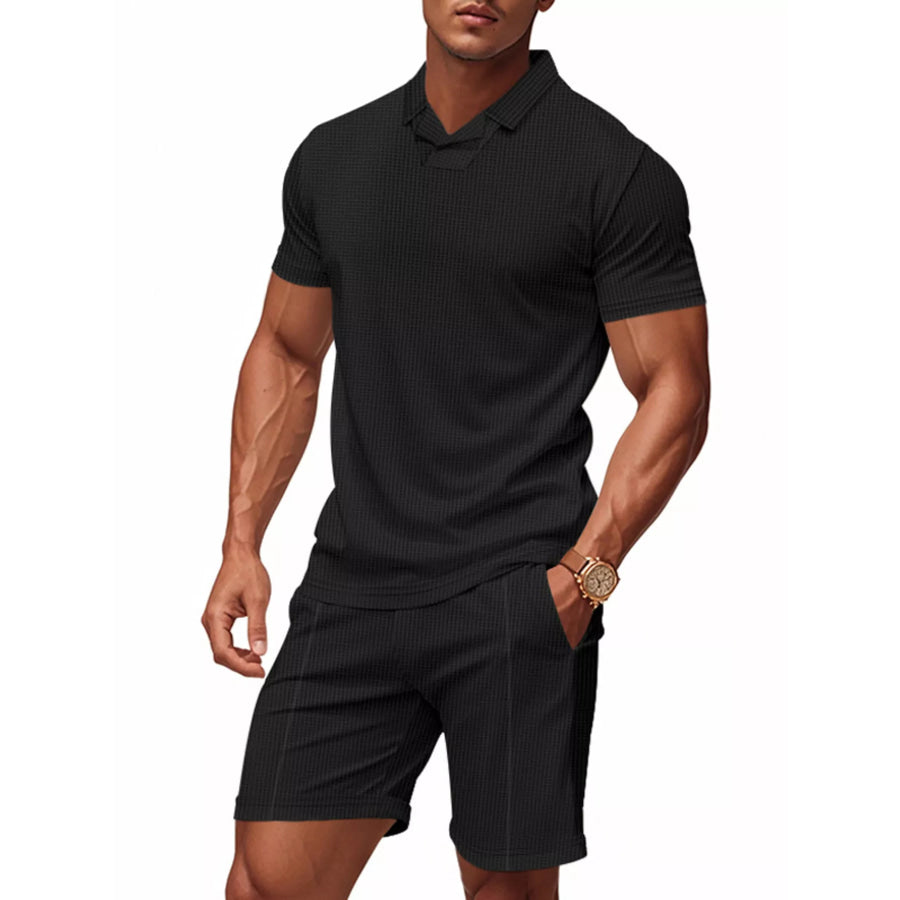 Men’s Full Size Casual Short Sleeve Polo and Shorts Set Plus Size Black / S Apparel and Accessories