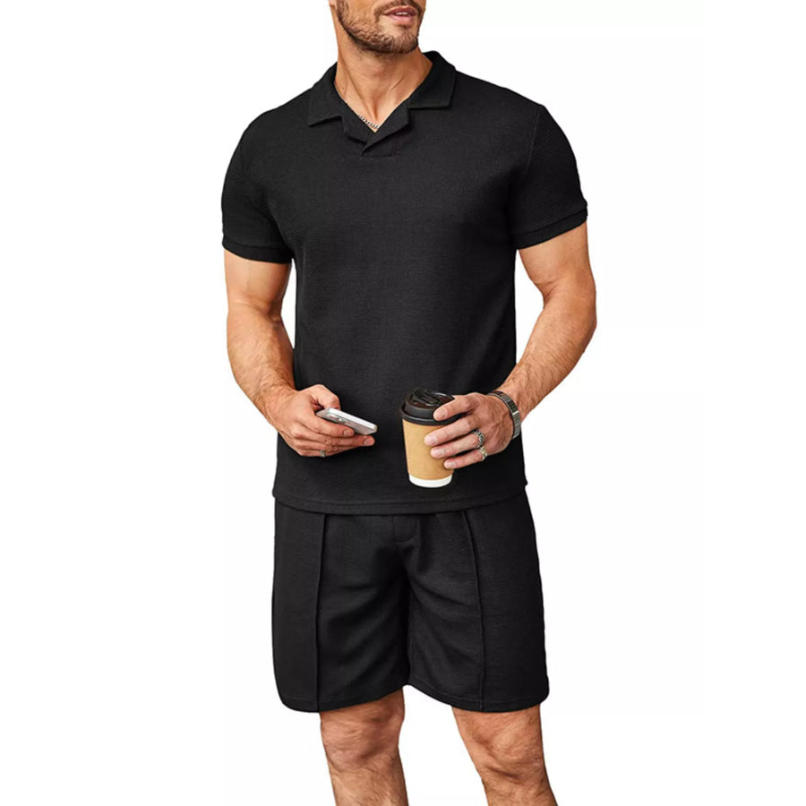 Men’s Full Size Casual Short Sleeve Polo and Shorts Set Plus Size Black / S Apparel and Accessories