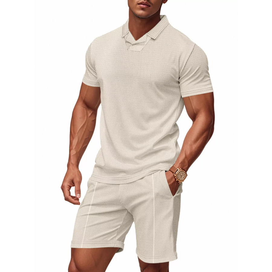 Men’s Full Size Casual Short Sleeve Polo and Shorts Set Plus Size Khaki / S Apparel and Accessories