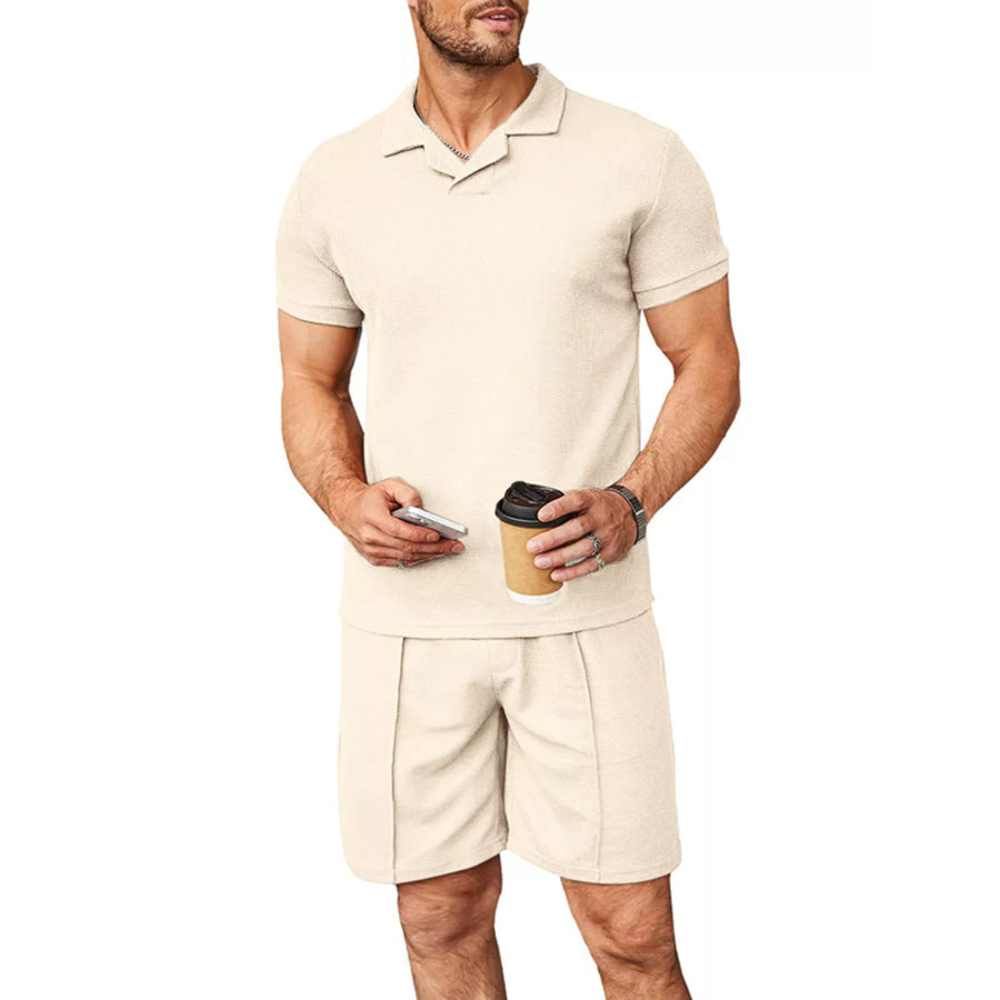 Men’s Full Size Casual Short Sleeve Polo and Shorts Set Plus Size Khaki / S Apparel and Accessories