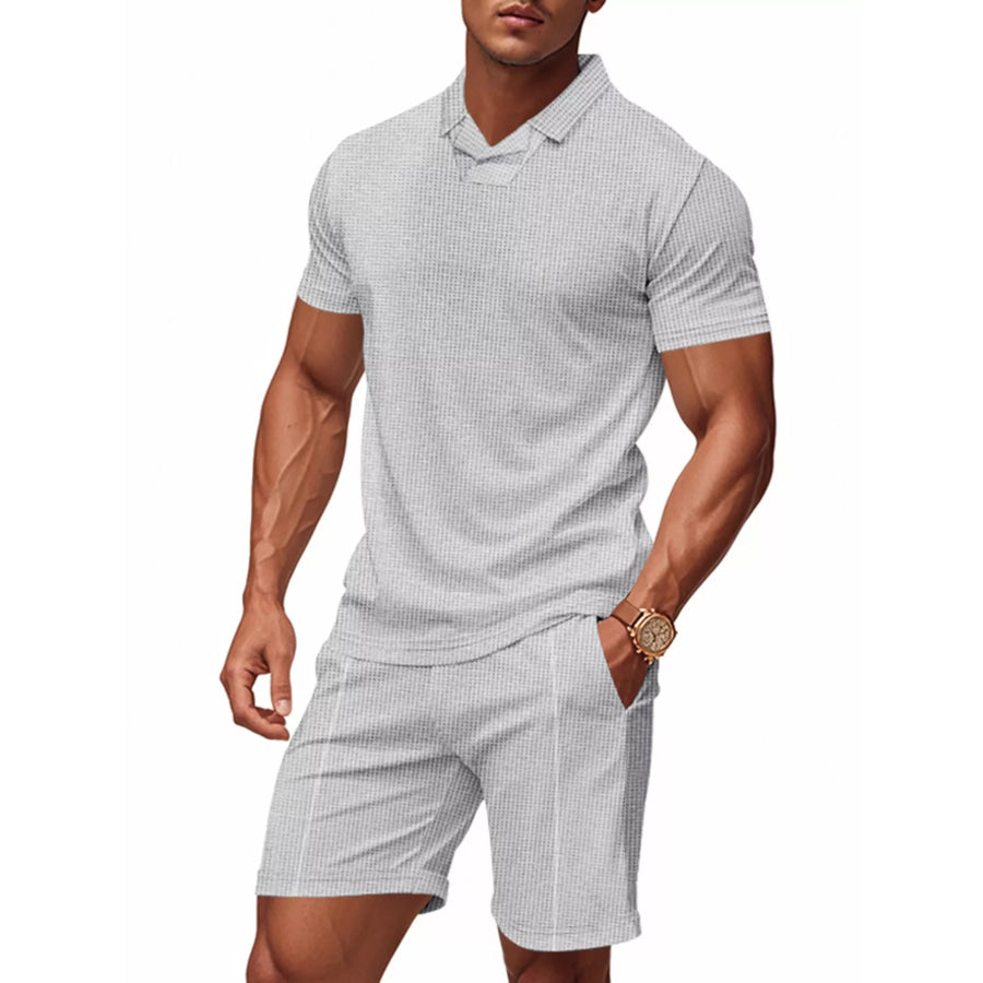 Men’s Full Size Casual Short Sleeve Polo and Shorts Set Plus Size Light Gray / S Apparel and Accessories