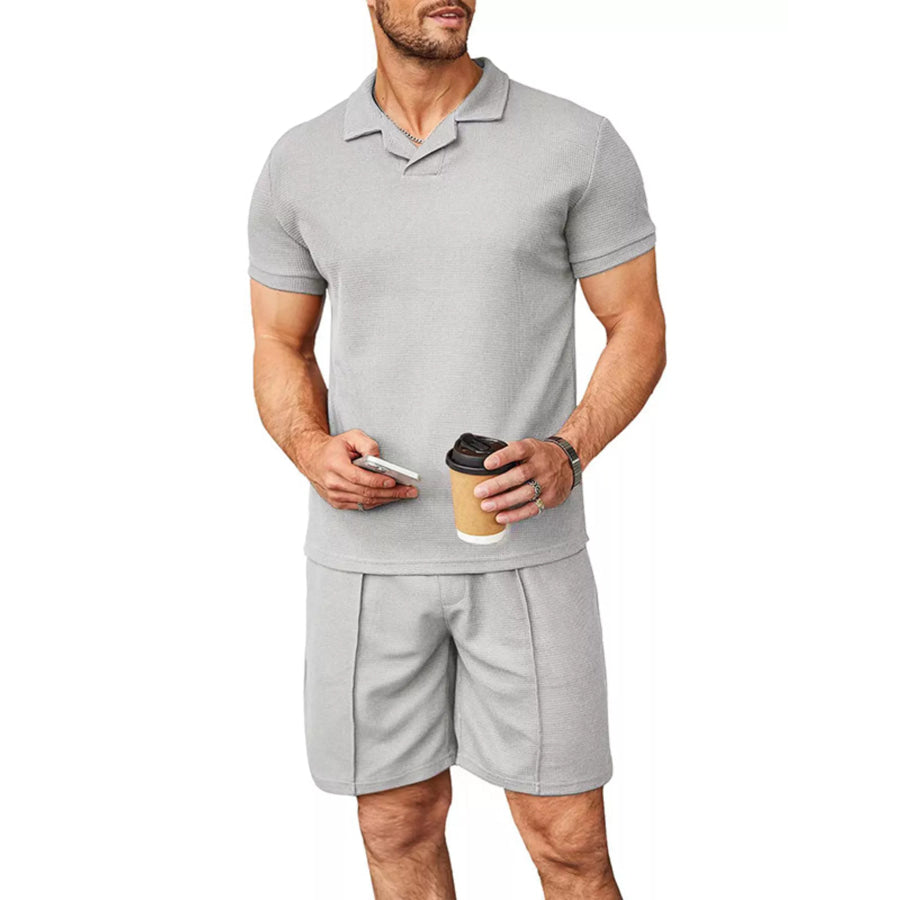 Men’s Full Size Casual Short Sleeve Polo and Shorts Set Plus Size Light Gray / S Apparel and Accessories
