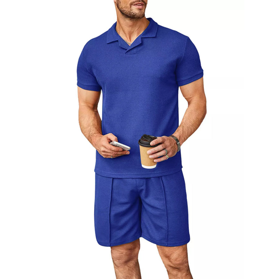 Men’s Full Size Casual Short Sleeve Polo and Shorts Set Plus Size Royal Blue / S Apparel and Accessories