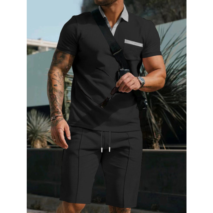 Men’s Full Size Casual Short Sleeve Polo & Shorts Set Plus Size Black / S Apparel and Accessories