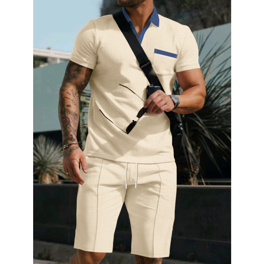 Men’s Full Size Casual Short Sleeve Polo & Shorts Set Plus Size Khaki / S Apparel and Accessories