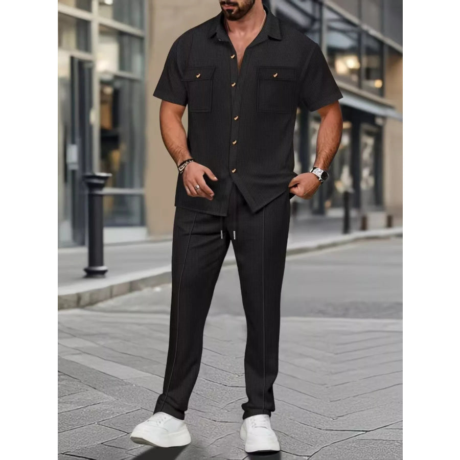 Men’s Full Size Casual Short Sleeve Shirt and Pants Set Plus Size Black / S Apparel and Accessories