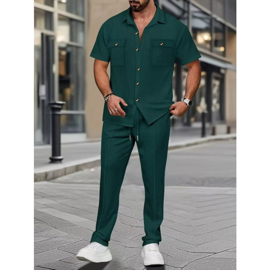 Men’s Full Size Casual Short Sleeve Shirt and Pants Set Plus Size Dark Green / S Apparel and Accessories