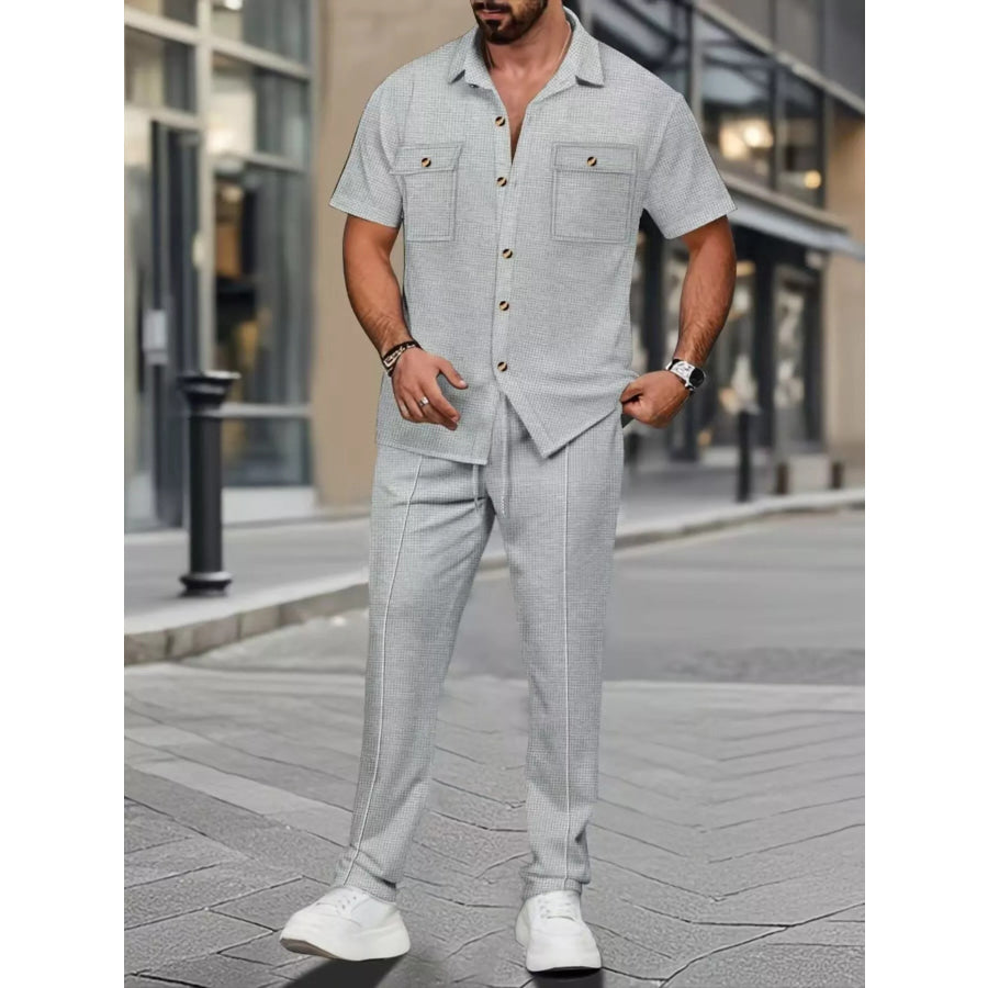 Men’s Full Size Casual Short Sleeve Shirt and Pants Set Plus Size Gray / S Apparel and Accessories
