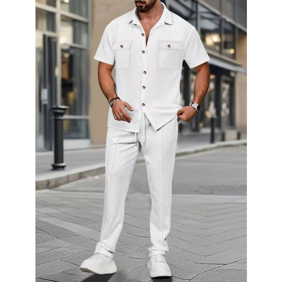 Men’s Full Size Casual Short Sleeve Shirt and Pants Set Plus Size White / S Apparel and Accessories