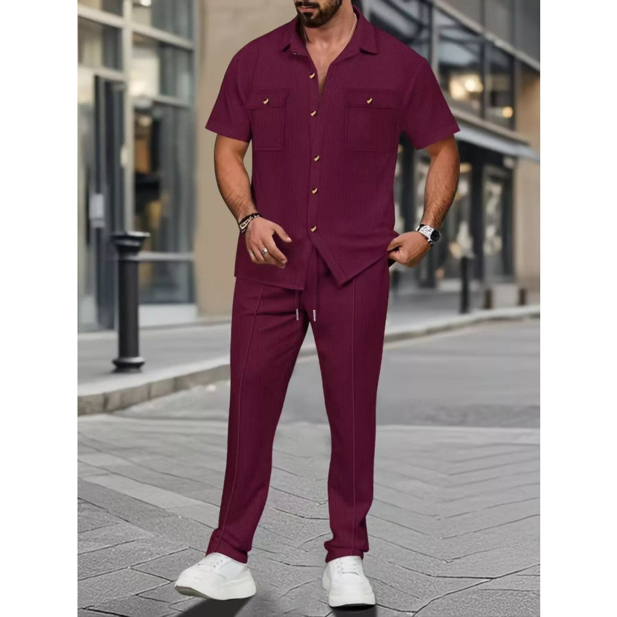 Men’s Full Size Casual Short Sleeve Shirt and Pants Set Plus Size Wine Red / S Apparel and Accessories