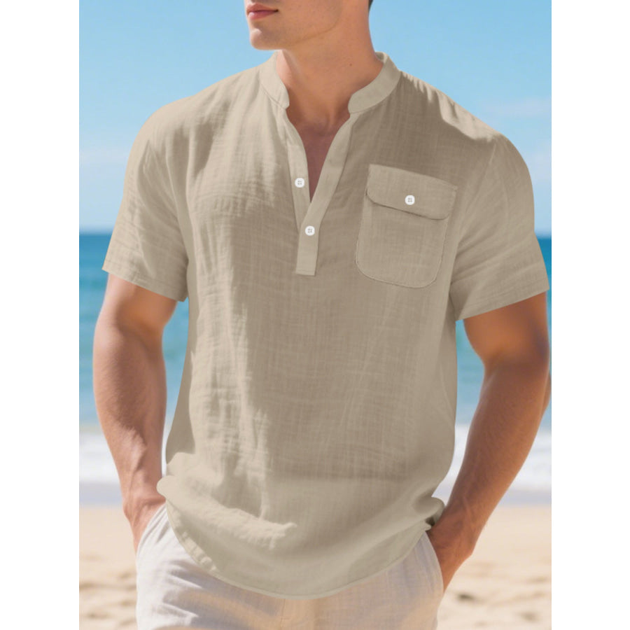 Men’s Full Size Casual Short Sleeve Shirt Plus Size Light Khaki / S Apparel and Accessories