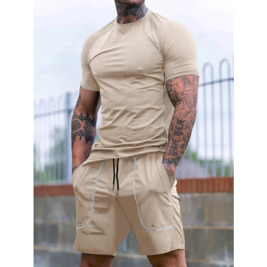 Men’s Full Size Casual Short Sleeve T-Shirt and Shorts Set Plus Size Apricot / S Apparel and Accessories