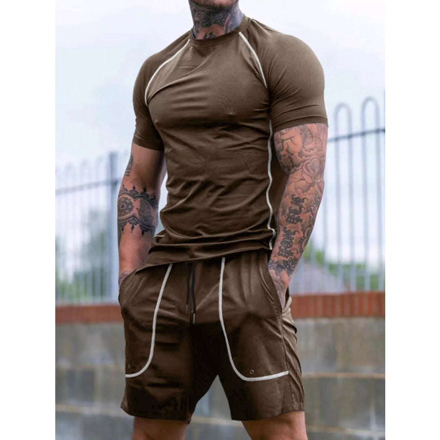 Men’s Full Size Casual Short Sleeve T-Shirt and Shorts Set Plus Size Deep Khakis / S Apparel and Accessories