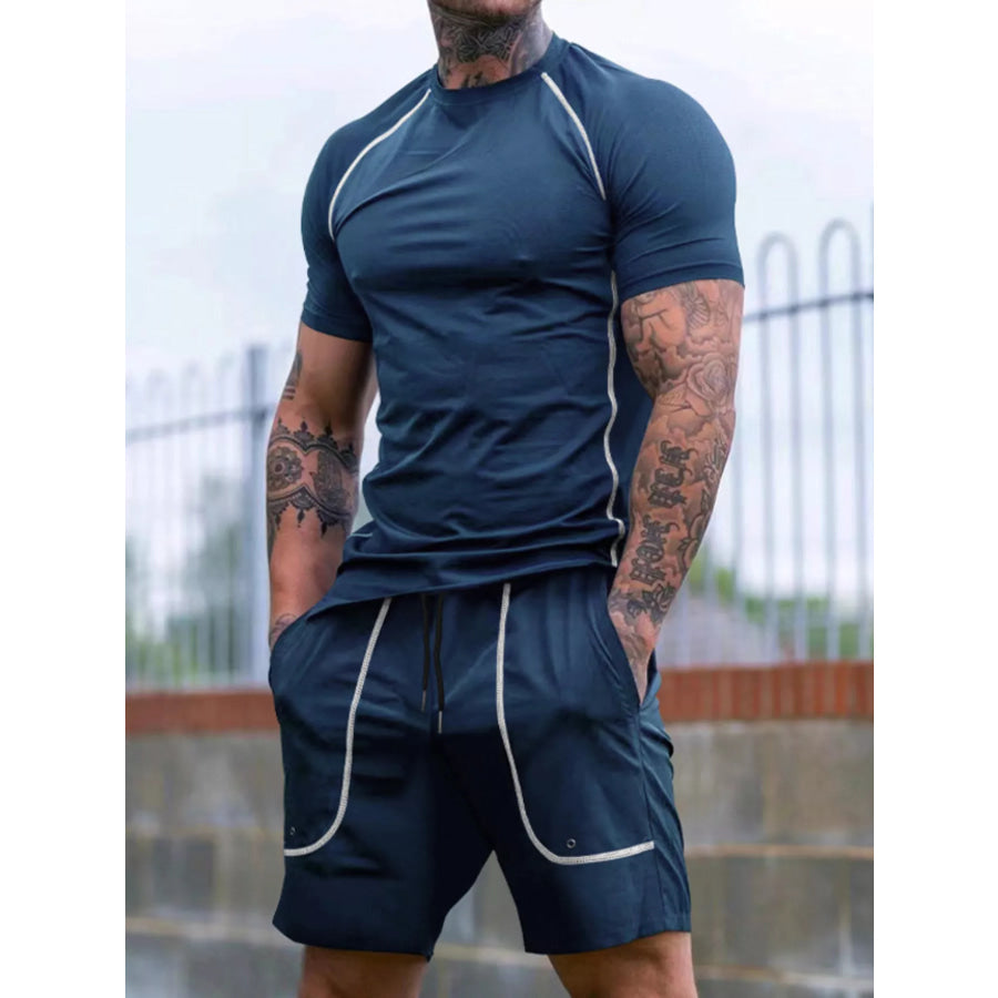 Men’s Full Size Casual Short Sleeve T-Shirt and Shorts Set Plus Size Denim Blue / S Apparel and Accessories