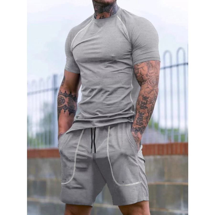 Men’s Full Size Casual Short Sleeve T-Shirt and Shorts Set Plus Size Light Gray / S Apparel and Accessories