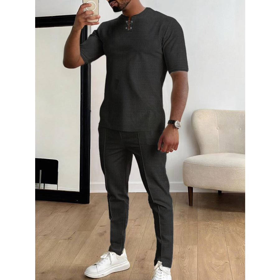 Men’s Full Size Casual Short-Sleeve Top and Pants Set Plus Size Black / S Apparel and Accessories