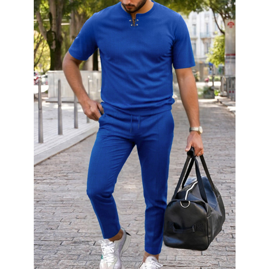 Men’s Full Size Casual Short-Sleeve Top and Pants Set Plus Size Blue / S Apparel and Accessories