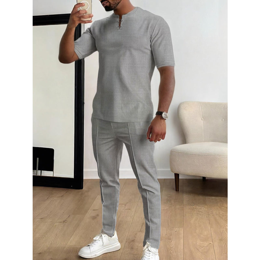 Men’s Full Size Casual Short-Sleeve Top and Pants Set Plus Size Grey / S Apparel and Accessories