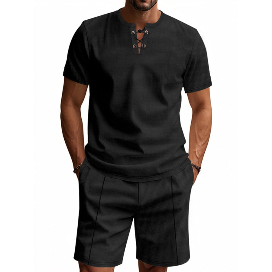 Men’s Full Size Casual Short Sleeve Top & Shorts Set Plus Size Black / S Apparel and Accessories