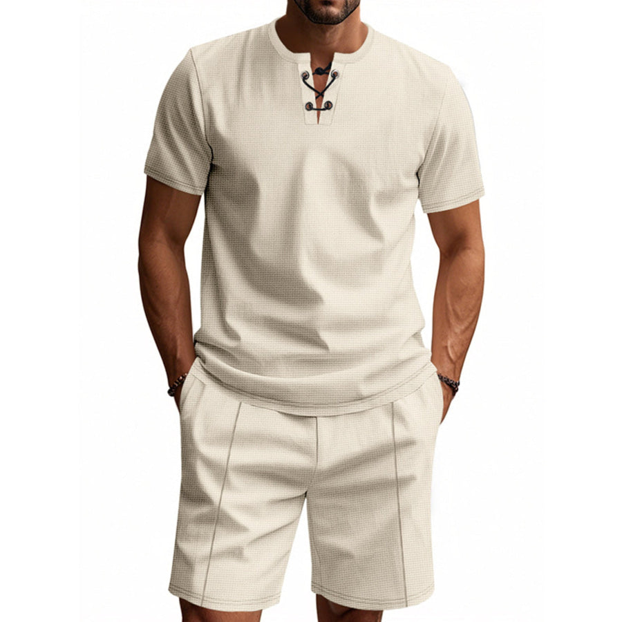 Men’s Full Size Casual Short Sleeve Top & Shorts Set Plus Size Khaki / S Apparel and Accessories